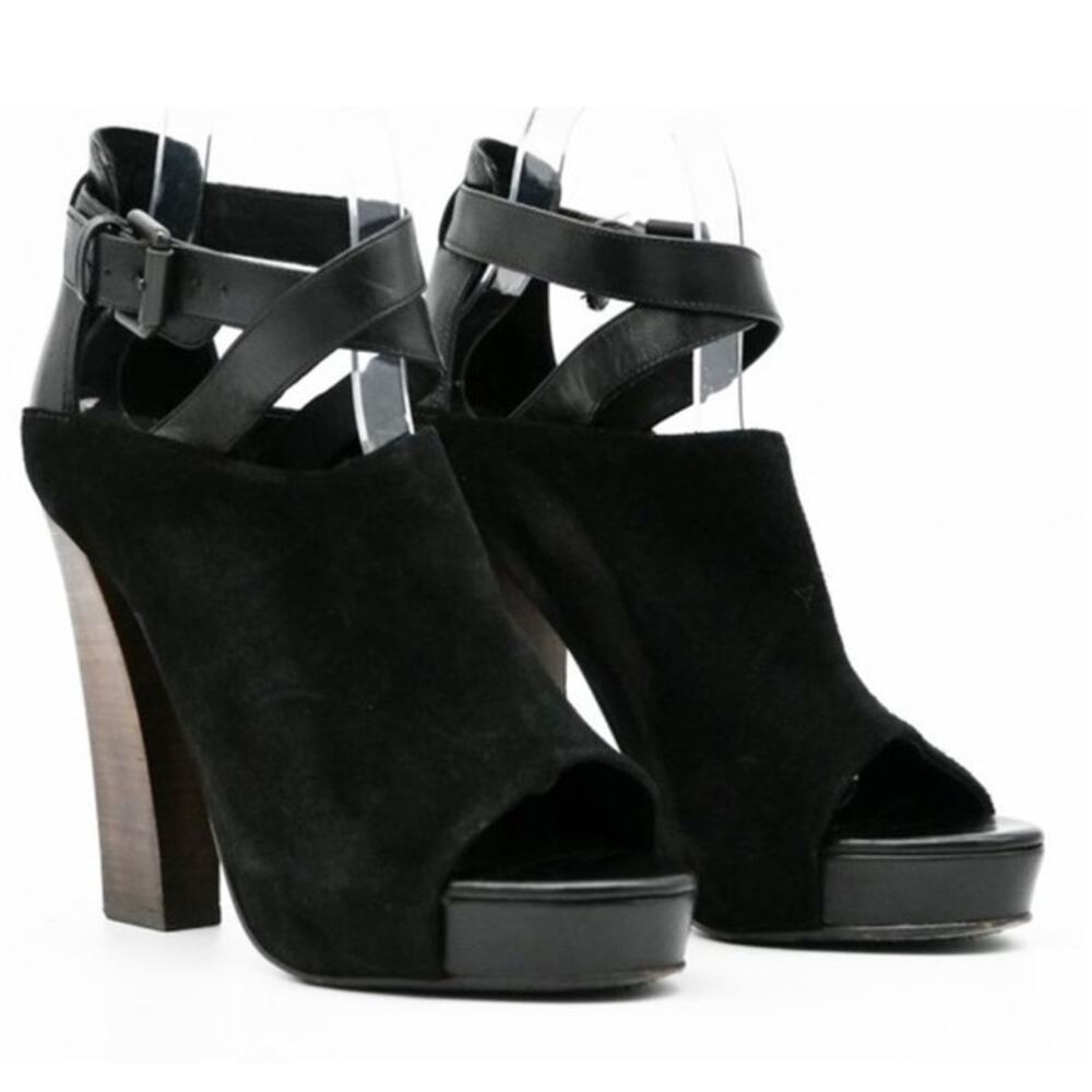 AllSaints Manifest Heels Suede Peep Toe Wrap Leather Strap Buckle Black 6